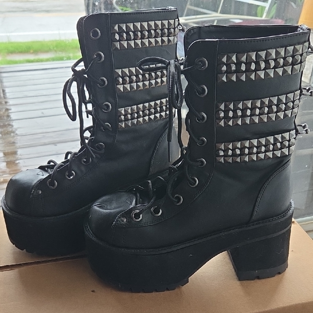 Demonia Thick Sole Pierced Boots Studded Goth Emo - Picture 2 of 16